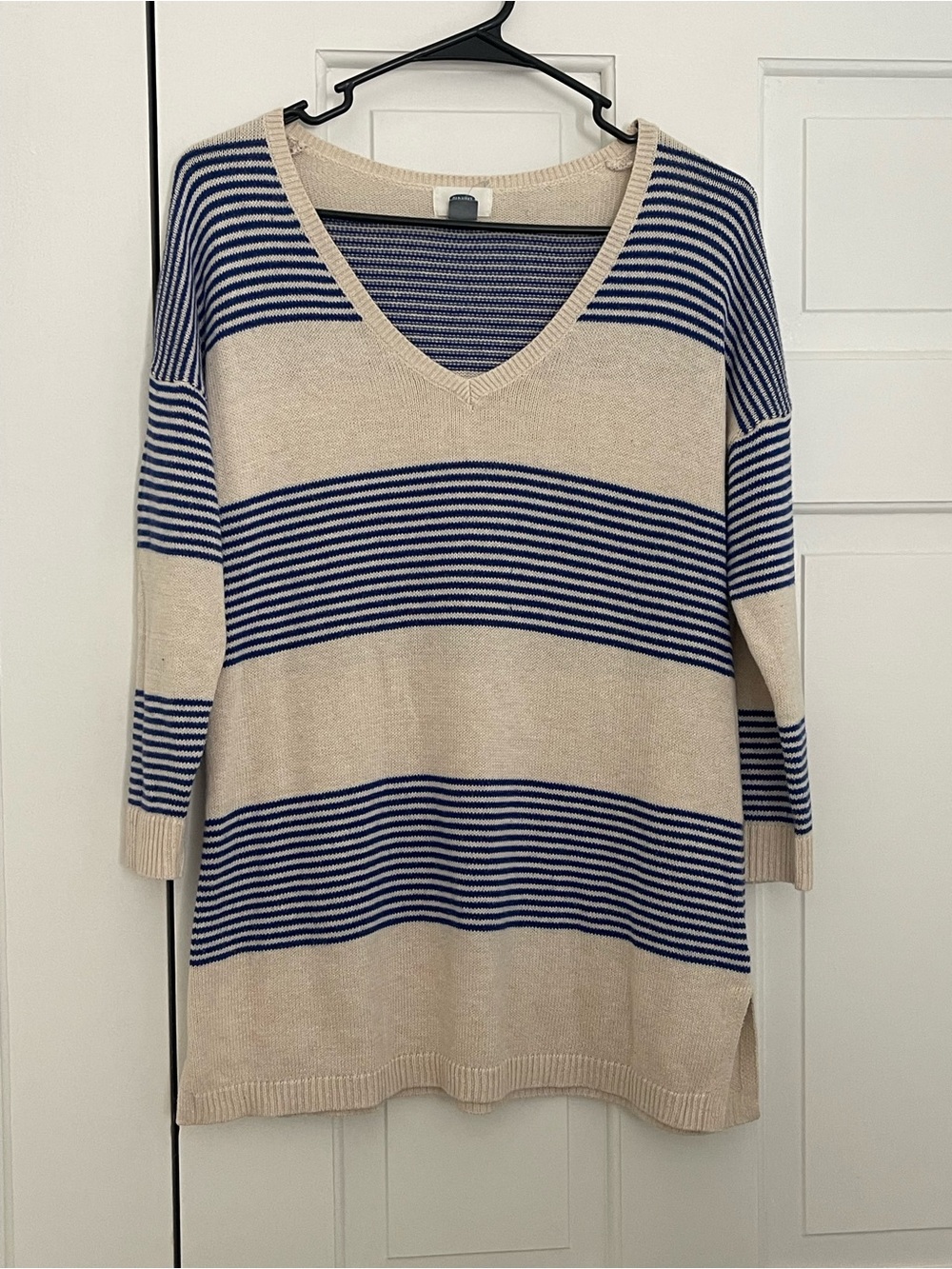 Old Navy Beige Sweater with Navy Stripes V-Neck